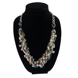 Ann Taylor Ribbon Cord Faux Pearl Beaded Rhinestone Statement Necklace